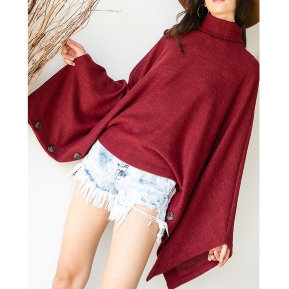 Bucket List Tops - Dark Red Soft Brushed Turtle Neck Cape Sweater